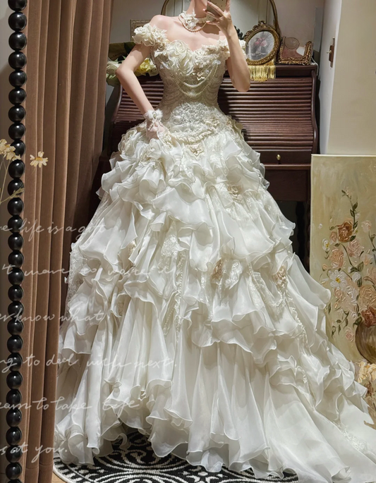 Vintage Ivory Off-the-Shoulder Embroidery Ruffled Tulle Wedding Dress TP5450