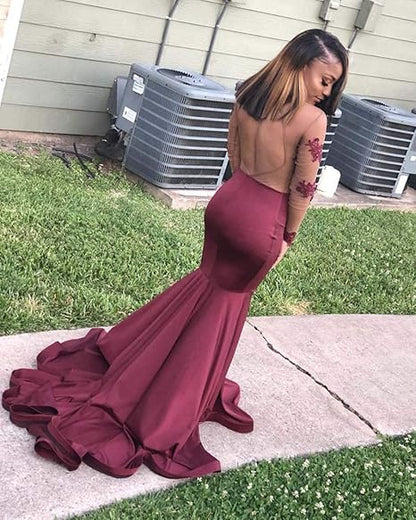 Vintage Burgundy Applique Mermaid Evening Gown Long-sleeved Backless Mermaid Prom Dresses TP51