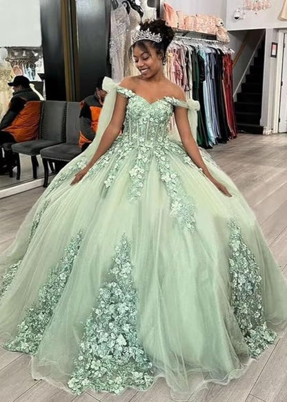 Gorgeous Sage Green Applique Sweetheart Off-the-shoulder Sweet 16 Quinceanera A-Line Floor-length Prom Dress Evening Dress Ball Gown TP4396