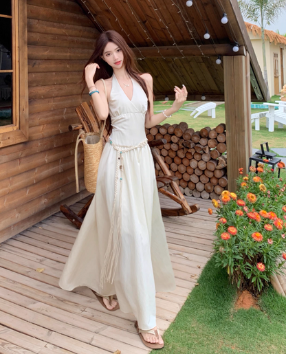 Simple Fashion Beige V-neck Design Beach Holiday A-line with Belt Halter Dress TP3371