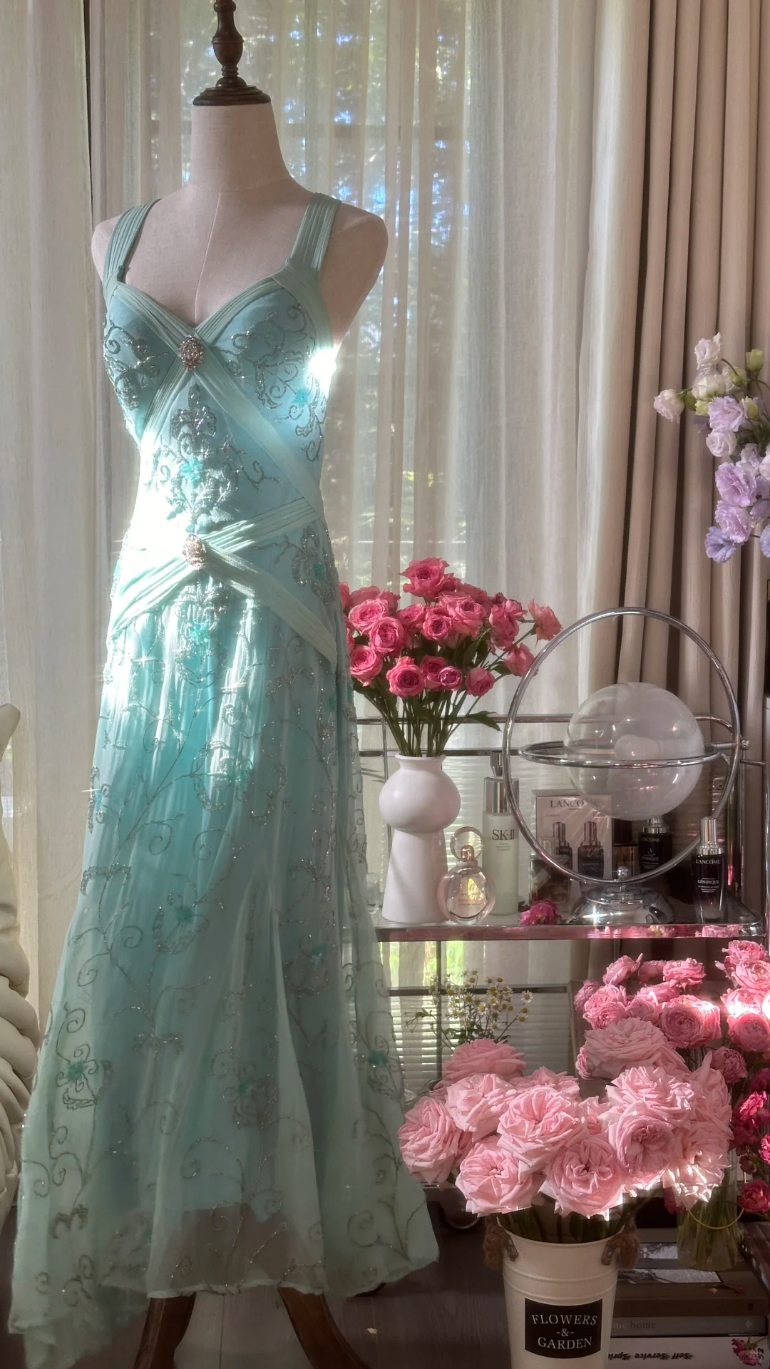 Retro Sparkling Light Blue Sweetheart Design A-line Romantic Chiffon Evening Dress Prom Dress TP4000