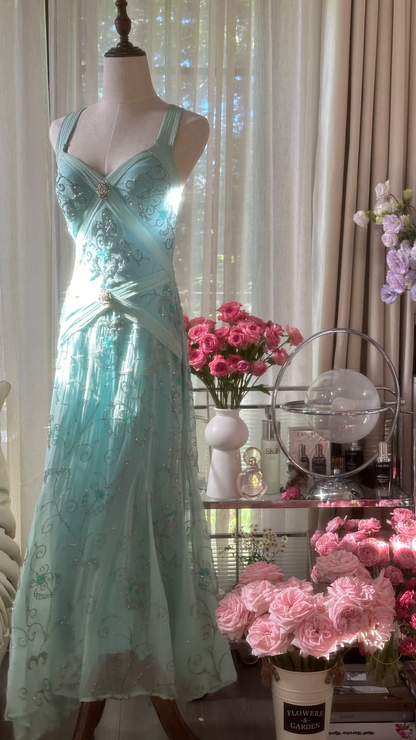 Retro Sparkling Light Blue Sweetheart Design A-line Romantic Chiffon Evening Dress Prom Dress TP4000