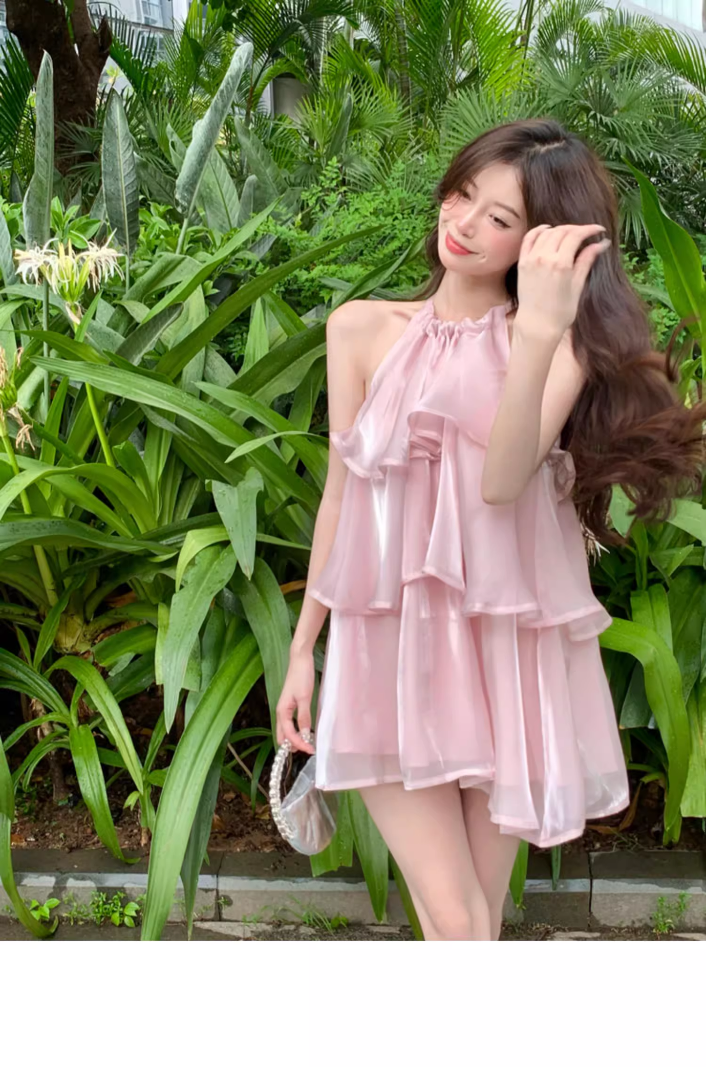 Stylish Pink Patchwork Ruffled Sleeveless Seaside Holiday Halter Dress TP2986