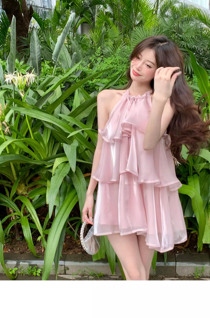 Stylish Pink Patchwork Ruffled Sleeveless Seaside Holiday Halter Dress TP2986