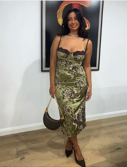 Sexy Vintage Green Floral Print Spaghetti Strap Satin Ankle Length Prom Dress Evening Dress TP2059