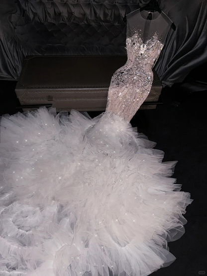 Glamorous Pink Beaded Mermaid Sheer Neckline Ruffled Tulle Train Evening Gown TP5393