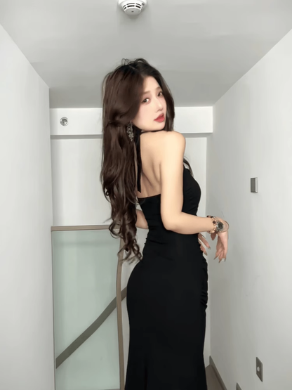 Elegant Black Halter-neck Rose Metal Button Prom Dress Sheath Evening Gown Party Dress Trailing Long Formal Dress TP4845
