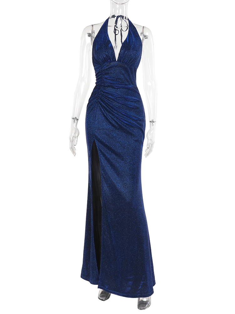 Vintage Shiny V-neck Halter Dress Mermaid Long High Slit Summer Dresses Prom Dress Evening Dress TP4358