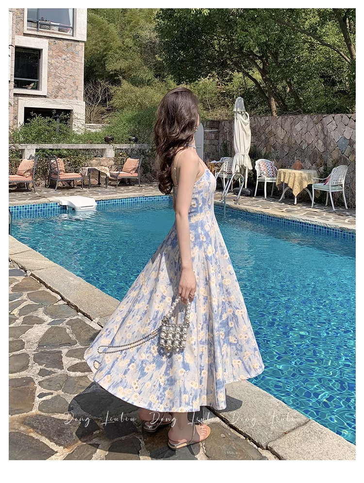 Design Sense Blue Painting Long Dress Holiday Beach Floral Spaghetti Strap Dress TP2960