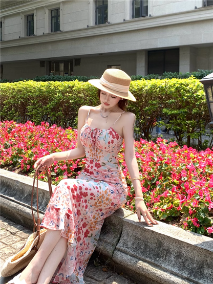 Vintage Fashion Floral Design Elegant Mermaid A-line Spaghetti Strap Dress TP3355