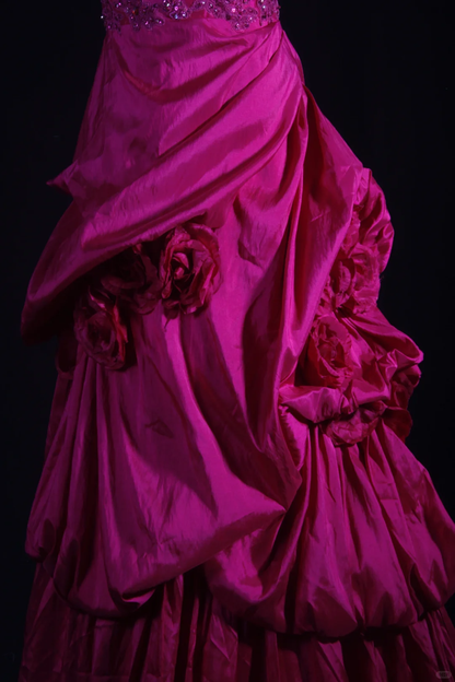 Vintage Fuchsia Strapless Satin Beaded 3D Rose Ruffled Evening Gown TP5417