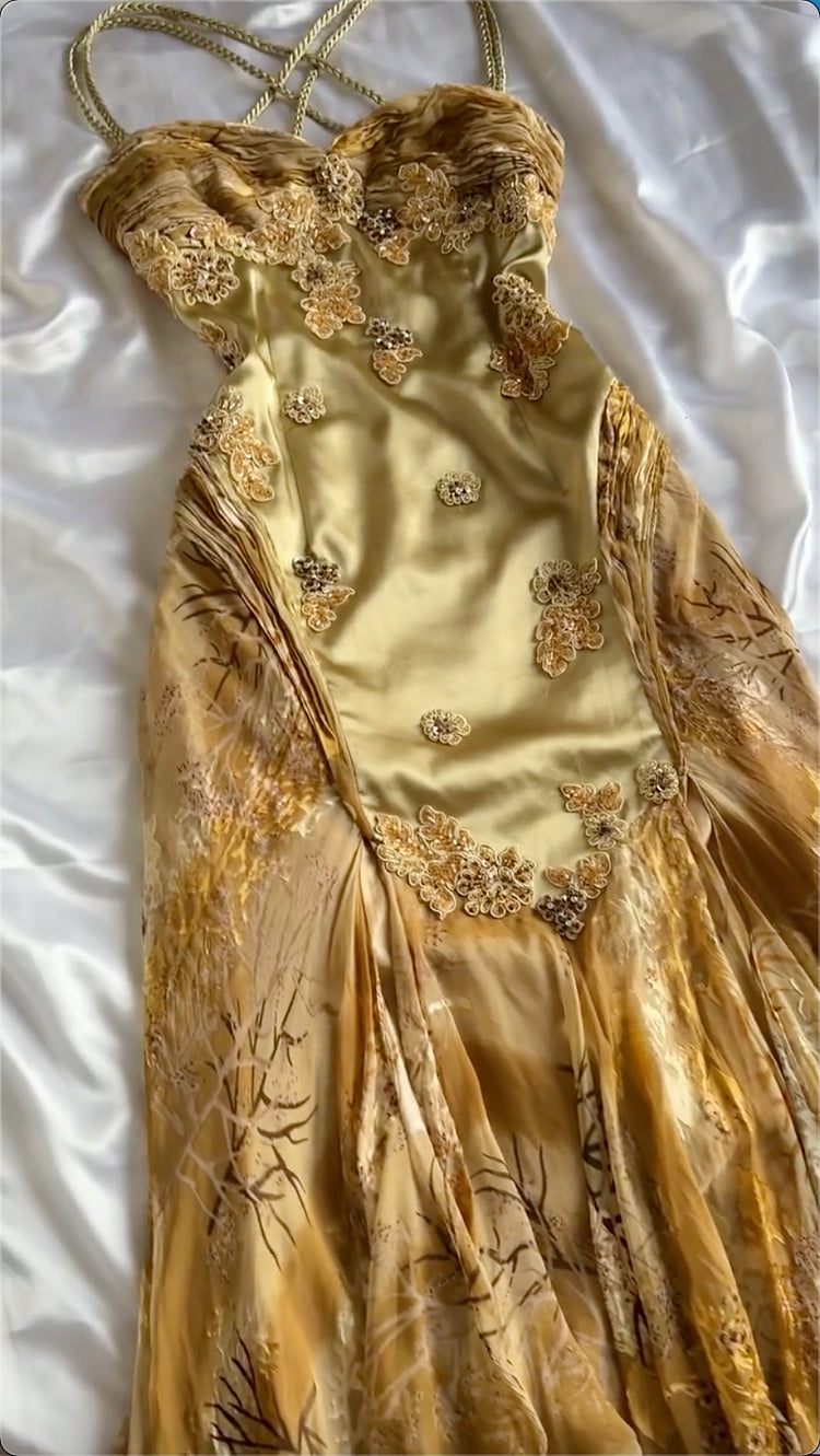 Vintage Golden Sweetheart Applique A-line Spaghetti Strap Evening Dress Prom Dresses TP3930