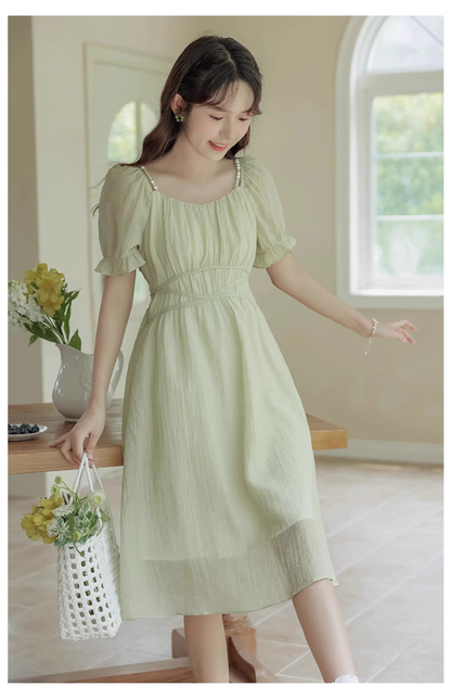 New Simple Fashion Green Short Sleeve Design A-Line Long Dress TP3044