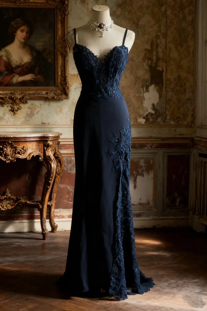 Elegant Navy Blue Sweetheart Beaded Evening Gown Sheath Spaghetti Strap Prom Dress TP5220