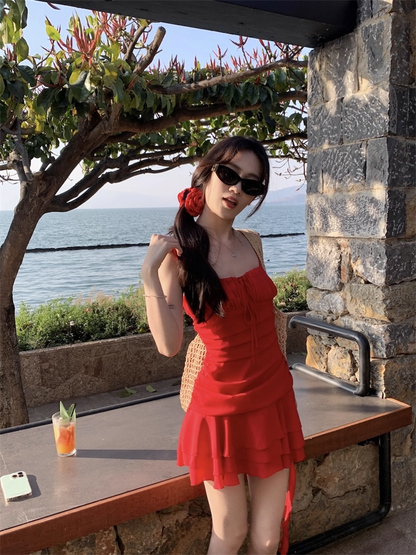 Vintage Red A-Line Tiered Homecoming Dress Party Dress Cocktail Dress TP4722