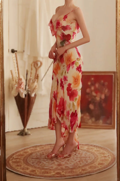 Vintage Floral A-line V-neck Spaghetti Strap Evening Dress Prom Dresses TP3931