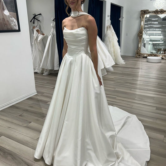 Elegant Satin Strapless Draped Ruched Bodice Long Train A-Line Wedding Dress TP5969
