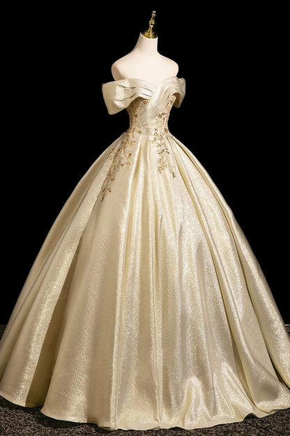 Elegant Champagne Gold Off-Shoulder Satin Beaded Embroidery Quinceanera Ball Gown TP5256