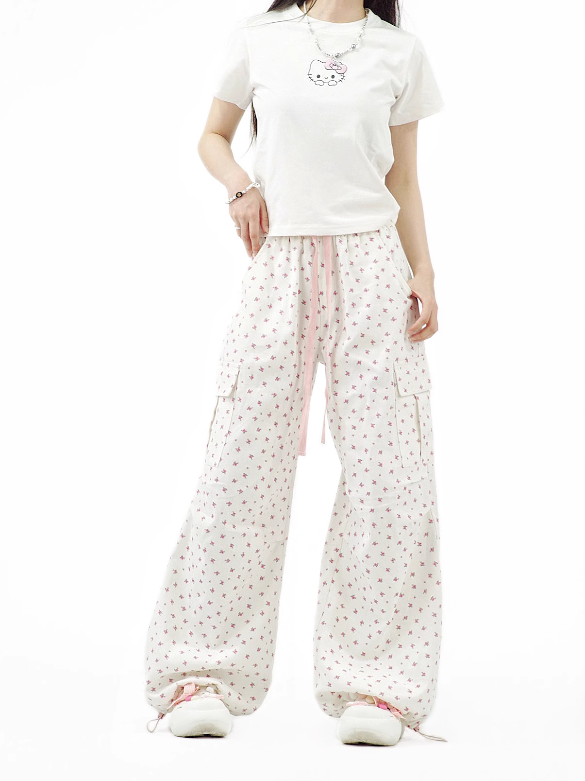 Simple Pink Floral Design Loose-fitting Elastic Waistband Long Casual Pants TP3217