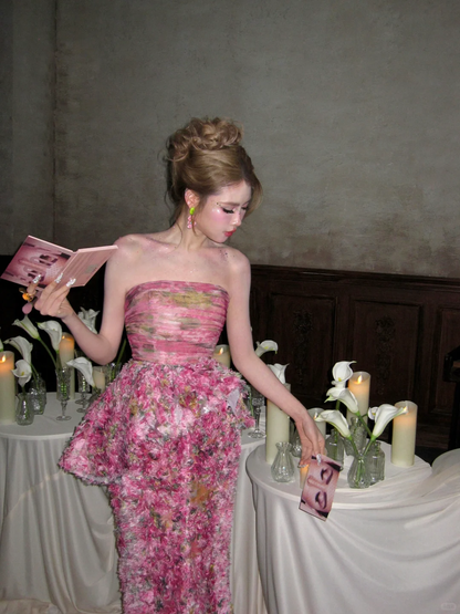 Vintage Pink Floral Strapless Mermaid Design Elegant Prom Dress Evening Dress TP4234