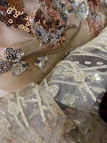 Glamorous Champagne Gold Sequin Off-Shoulder Beaded Tiered Tulle Sweet 15 Quinceanera Ball Gown TP5459