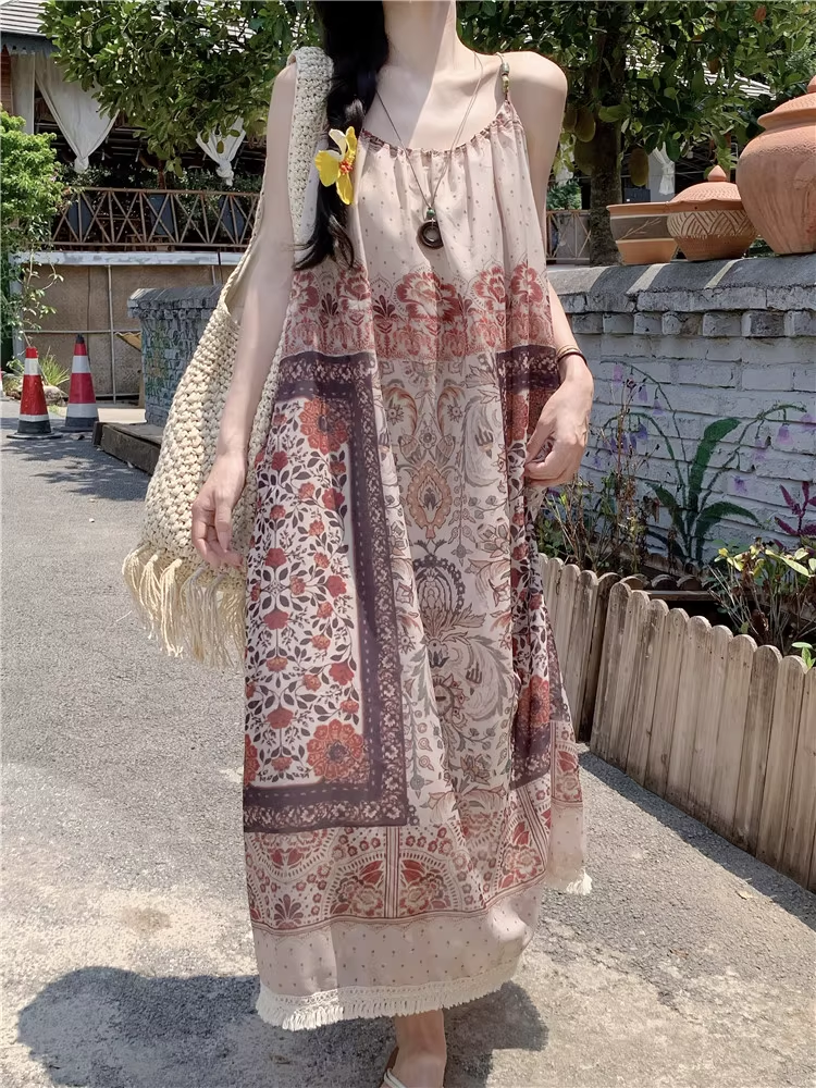 New Fashion Bohemian-style Print Design A-line Sleeveless Spaghetti Strap Dress TP3325