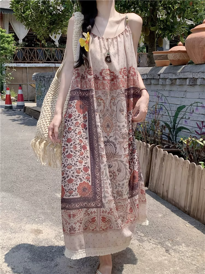 New Fashion Bohemian-style Print Design A-line Sleeveless Spaghetti Strap Dress TP3325