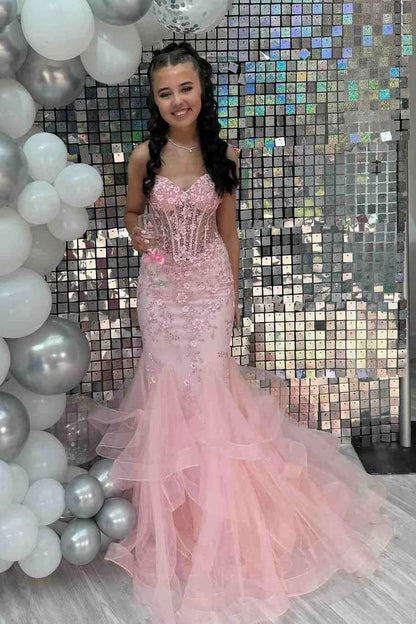 Vintage Pink Applique Strapless Sequin Evening Gown Mermaid Sweetheart Party Dress Long Formal Dress TP4972