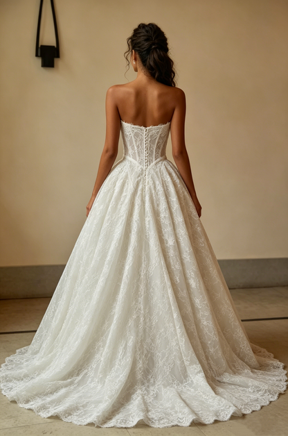 Classic Ivory Strapless Sweetheart Corset Bodice Floral Lace A-Line Wedding Dress TP5918