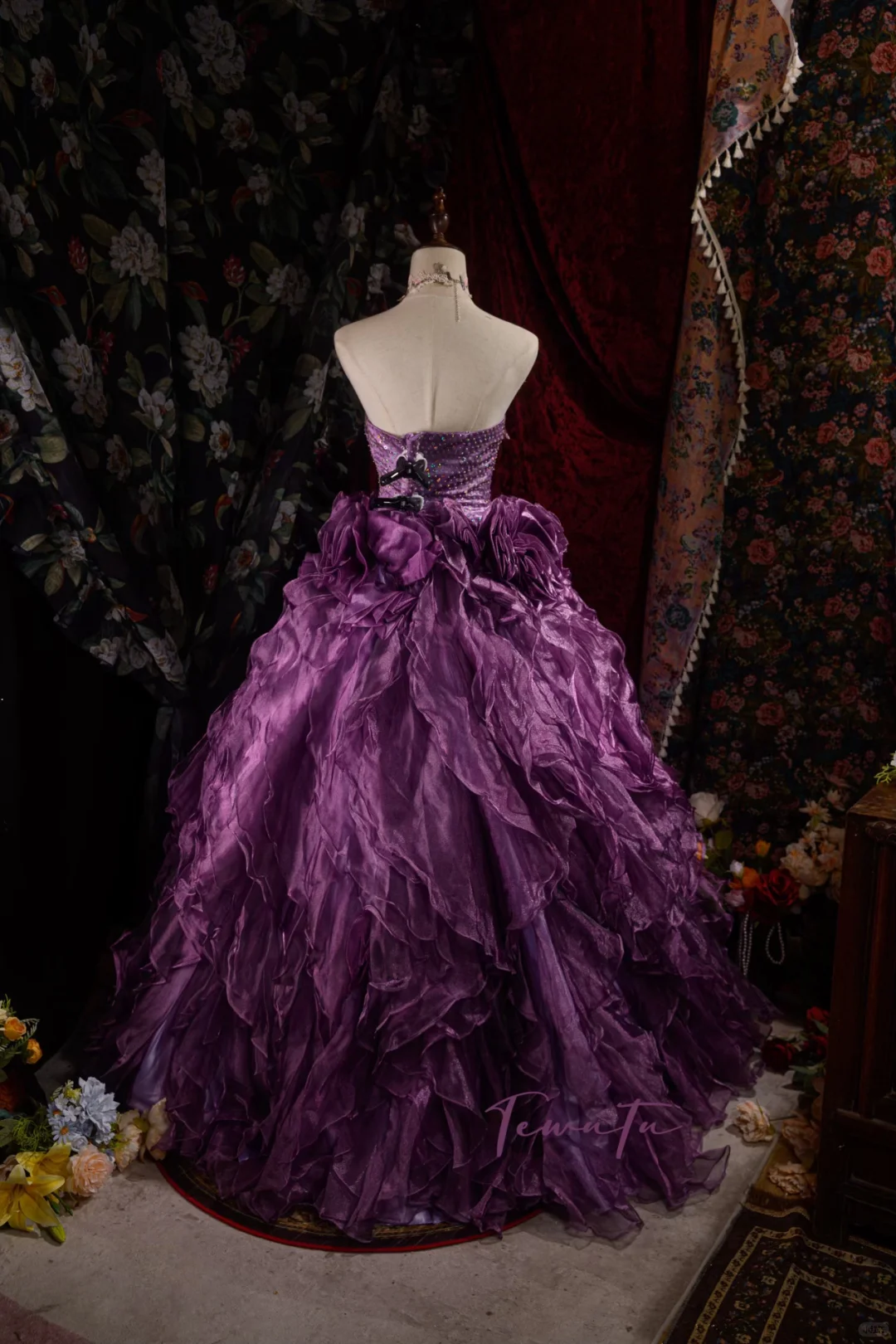 Vintage-Inspired Purple Sequin Strapless A-Line Floral Embellished Strapless Ruffled Ball Gown TP5111