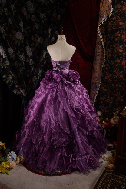 Vintage-Inspired Purple Sequin Strapless A-Line Floral Embellished Strapless Ruffled Ball Gown TP5111