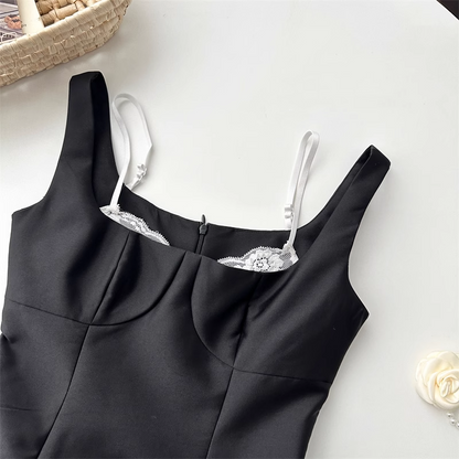 New Fashion Fake Two-piece Dress Design Black A-line Sleeveless Spaghetti Strap Dress TP3281