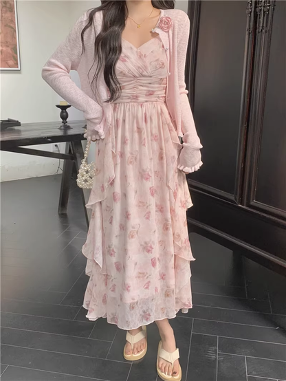 New Fashion Elegant Floral Chiffon Spaghetti Strap Dress TP2991