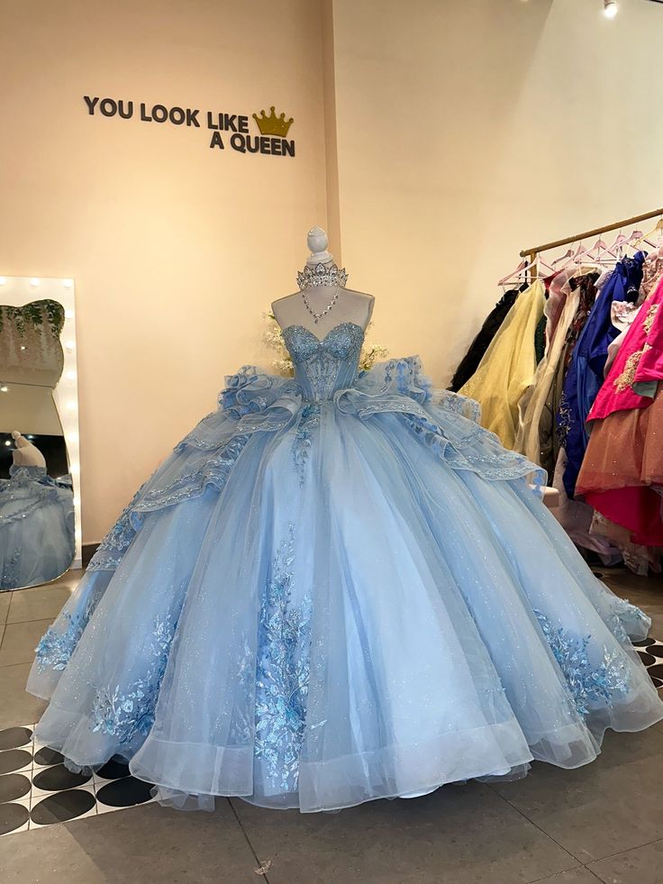 Glamorous Sky Blue Glitter Tulle Strapless Beaded Embroidery Sweet 15 Quinceanera Ball Gown TP5447