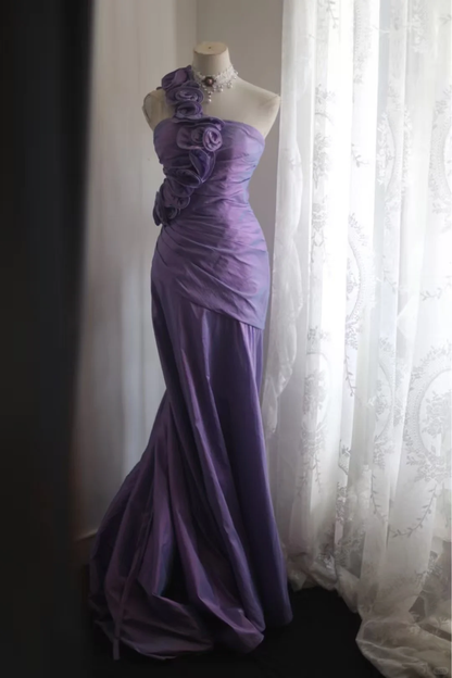 Vintage Lavender One-Shoulder Evening Gown 3D Floral Mermaid Prom Dress TP5647