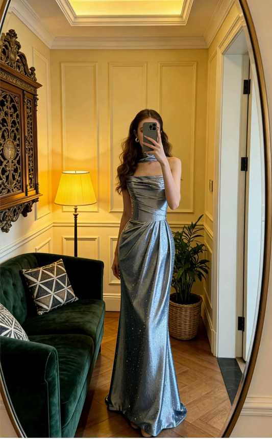 Vintage Sparkling Mermaid Halter-Neck Satin Ruched Prom Dress TP5879