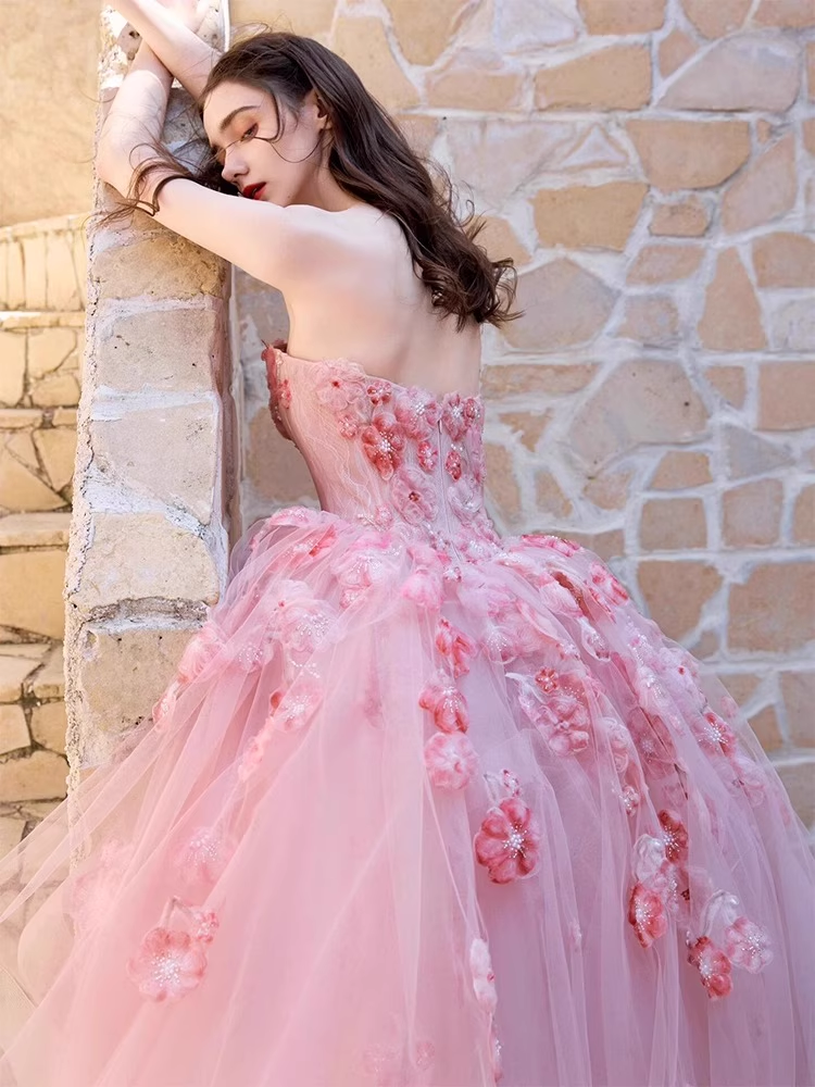 Vintage Pink Applique Beaded Strapless Sweet 16 Quinceanera Sweetheart A-Line Floor-length Prom Dress Birthday Dress Evening Dress Ball Gown TP4843