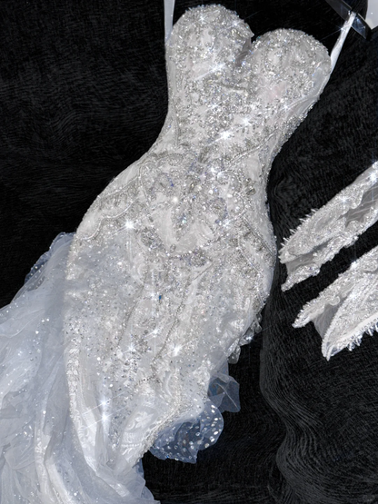 Elegant Sweetheart Lace Tulle Beaded Applique Design Gorgeous Mermaid Floor-length Wedding Dress TP4168