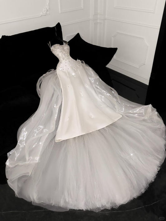 Glamorous Beaded Sweetheart Mermaid Wedding Dress Tulle Overskirt Bridal Gown TP5093