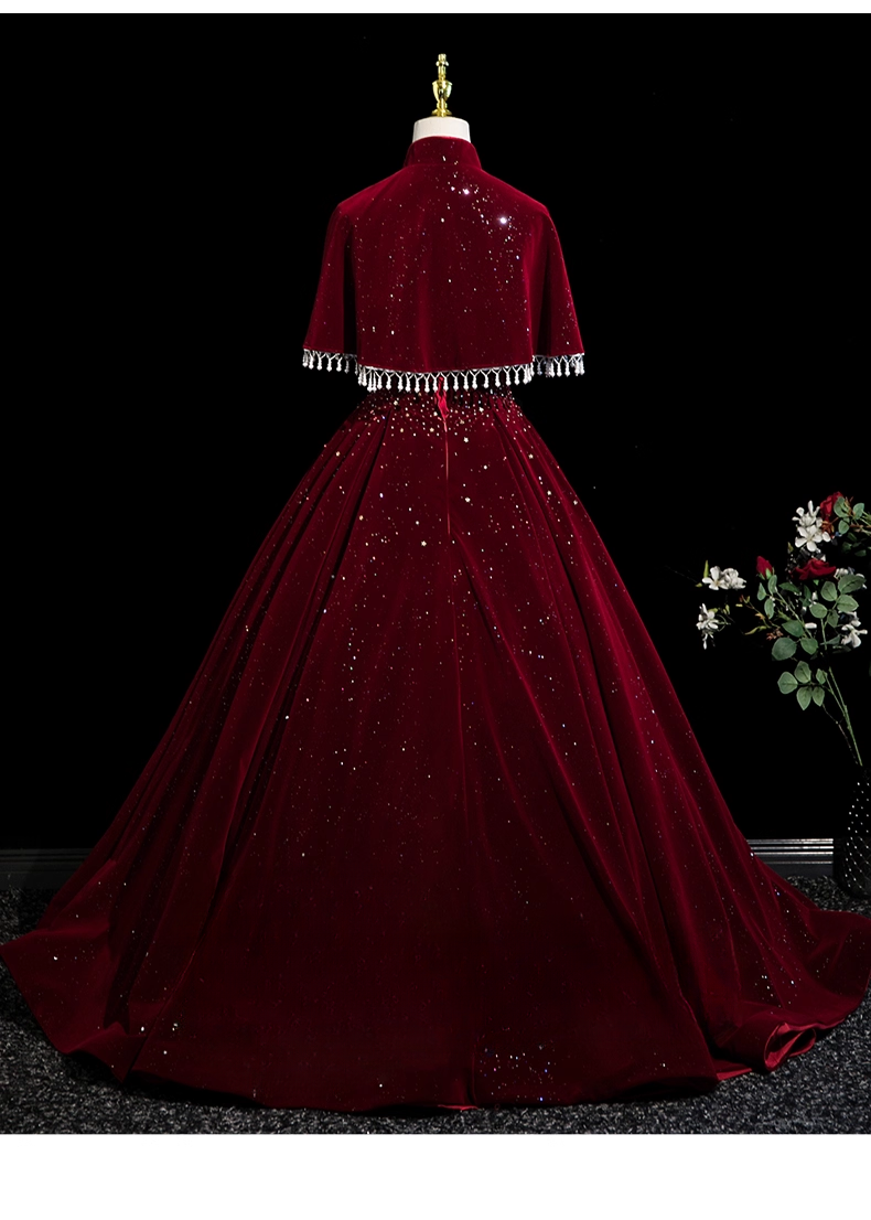 Elegant Burgundy Sequin Tulle Prom Dress A-Line V-neck Spaghetti Strap Shawl Long Evening Gown TP5212