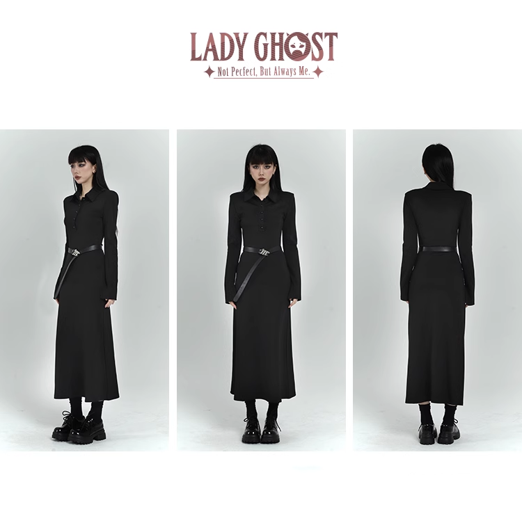 New Fashion Design POLO Style Women Black Long-sleeved Dress TP2937