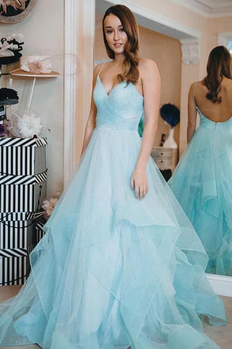 Gorgeous Light Blue Glitter Tulle Spaghetti Strap V-Neck Layered Quinceanera Ball Gown TP5845