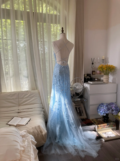 Retro Light Blue Applique Backless Design Romantic Chiffon Evening Dress Prom Dress TP3996