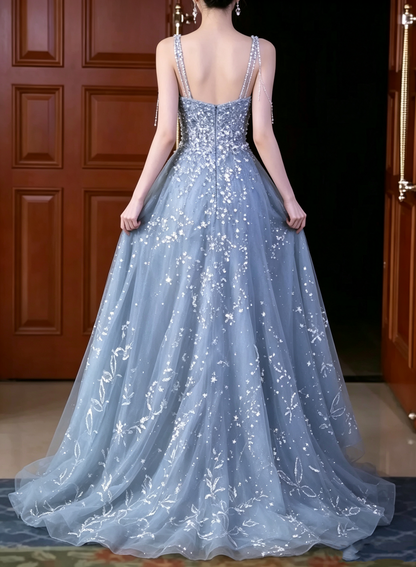 Vintage Dusty Blue Tulle Spaghetti Strap Beaded Floral Sequin Embroidery Floor Length Evening Gown TP6081