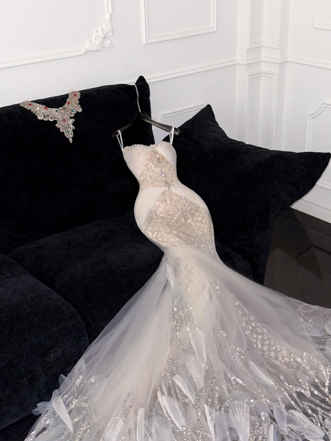 Gorgeous Ivory Sweetheart Tulle Sparkling Sequin Design Elegant Mermaid Floor-length Wedding Dress TP4170