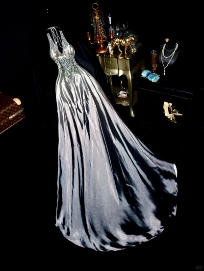 Glamorous Silver-Grey Satin Plunging Neckline Rhinestone Baeded Bodice Evening Gown TP5364
