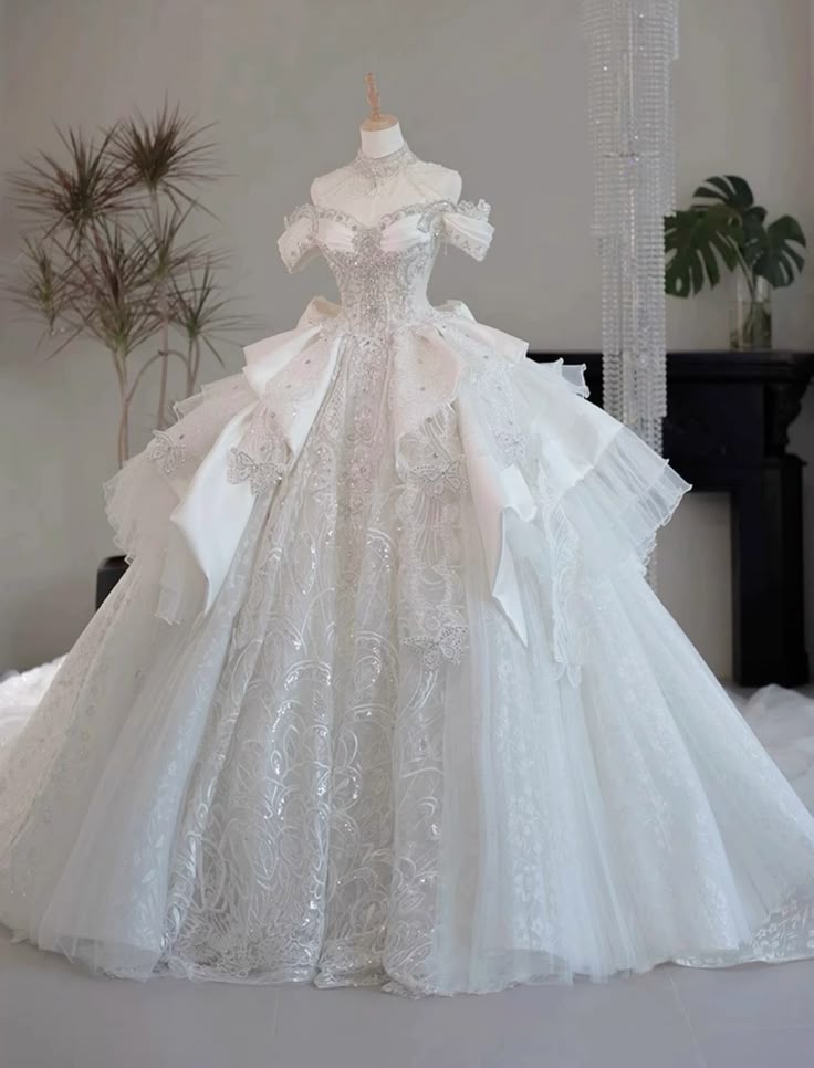 Glamorous Off-Shoulder A-Line Beaded Wedding Dress Lace Tiered Ruffles Bridal Gown TP5096