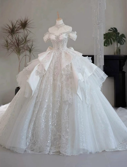 Glamorous Off-Shoulder A-Line Beaded Wedding Dress Lace Tiered Ruffles Bridal Gown TP5096