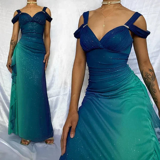 Vintage Shiny Gradient Blue-green Sheath Chiffon Unique Shoulder Strap Design Long Prom Dress Evening Dress TP2505