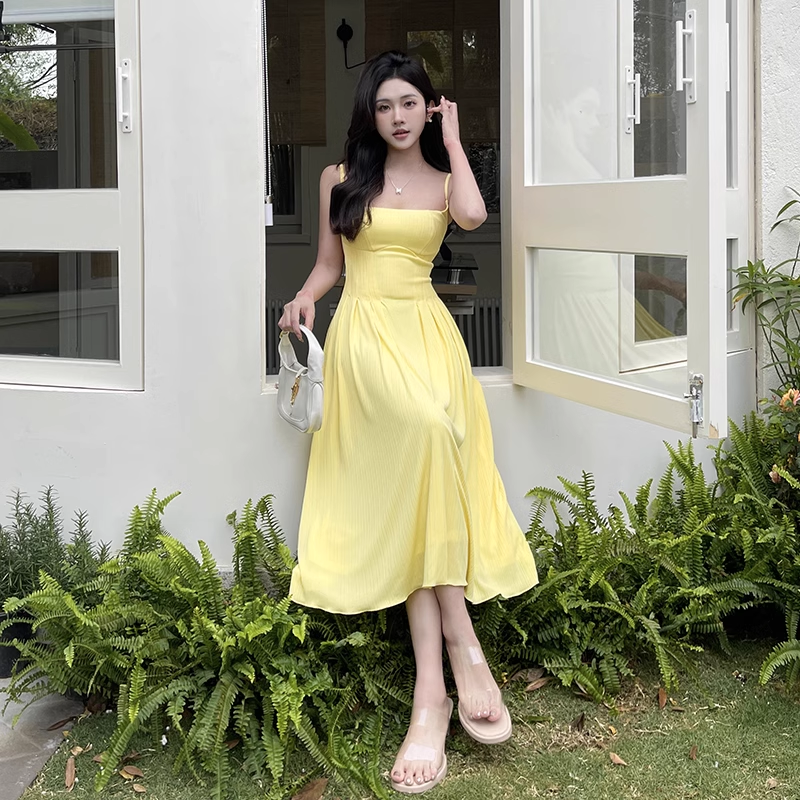 Women New Simple Fashion Yellow High-waist Spaghetti Strap Dress TP2889